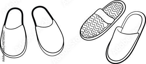 Slippers line art, house footwear illustration, cozy home shoes drawing, black and white slipper sketch, indoor footwear vector image