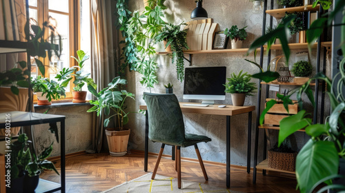 Nature-inspired office in rustic cabin featuring wooden desk, tech setup, hanging plants, and raw wood surfaces. Biophilic design for focused work in nature