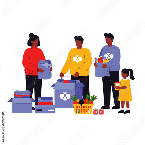 A family of four, including a mother, father, and two children, packing boxes with food and clothing for donation.