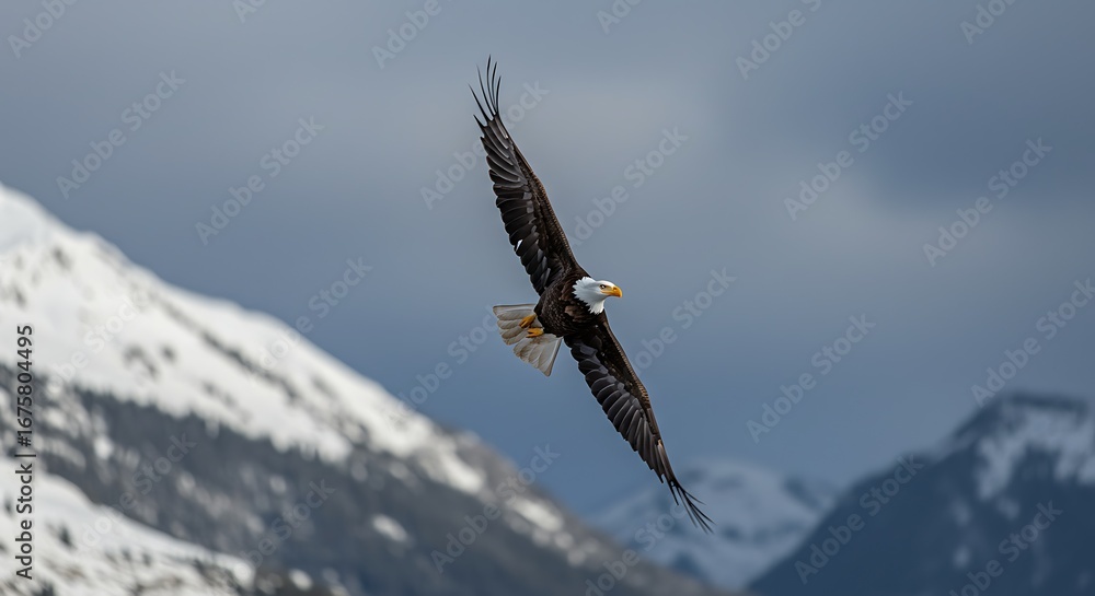 Fototapeta premium Majestic bald eagle soars above snow-capped mountain peaks, showcasing its powerful flight.