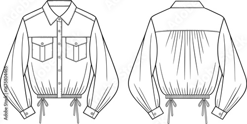 Technical fashion flat sketch of women's drawstring shirt, utility style top, front and back view, long sleeves, detailed vector illustration