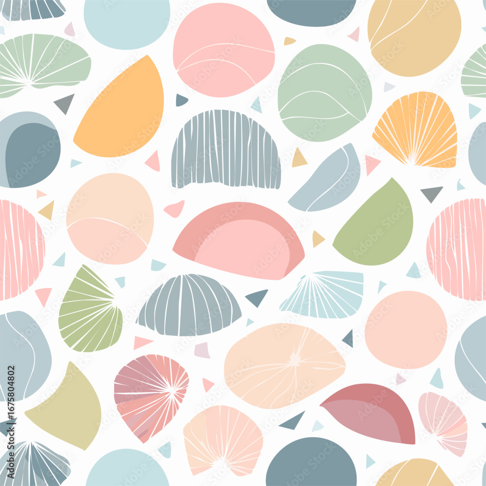 Fototapeta premium Abstract seamless pattern in pastel colors with geometric shapes: circles, triangles, arches, flowers. Light modern design for textiles and decor