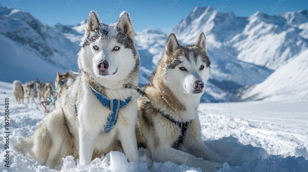 Naklejka premium A team of Siberian Husky sled dogs resting in the mountains.