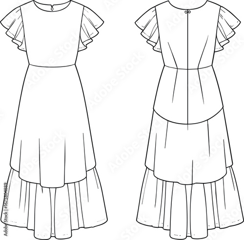 Technical fashion sketch of tiered dress, ruffle sleeve, high-low hemline, front and back view, detailed dress design vector illustration