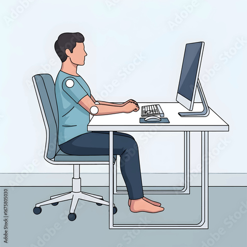 Illustration of a man sitting at a desk with proper posture, using a computer, with highlighted joint locations.