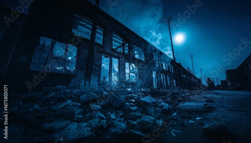 Abandoned building ruins night moon brick rubble decay