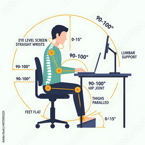 Illustration showing correct posture for working at a computer, emphasizing ergonomic angles and support for back, wrists, and feet.
