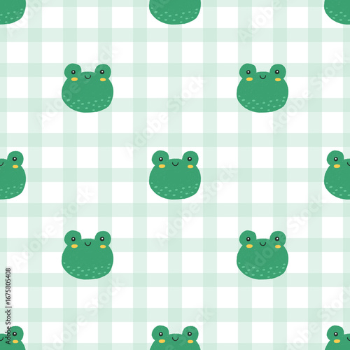Seamless pattern of hand drawn green frog on light green gingham