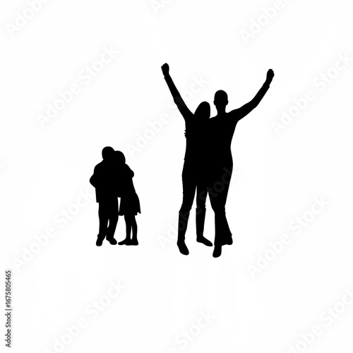 Silhouette of adoption counselor cheering as family hugs isolated on white background