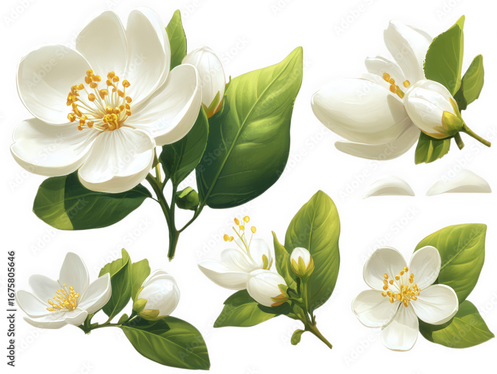 Fototapeta premium Collection of beautiful white jasmine flowers and buds isolated on transparent background