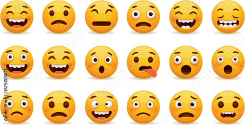 A set of classic round yellow smileys with crazy emotions. Funny, cute, horrible, creepy, freaky emoticons. Smiley memes for messengers.
