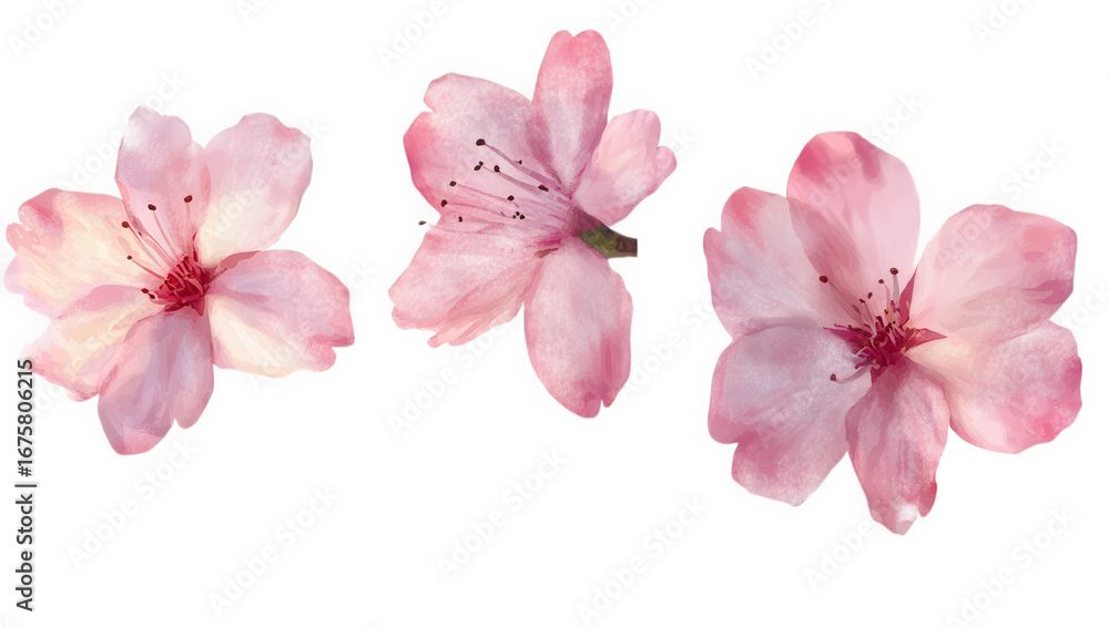 Naklejka premium Three pink cherry blossom flowers isolated on transparent background in studio shot