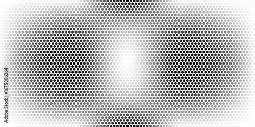 Hexagon halftone gradient texture. Abstract black grunge background. Geometric retro halftone tech overlay. Fading wavy hexagonal pattern backdrop. Vector