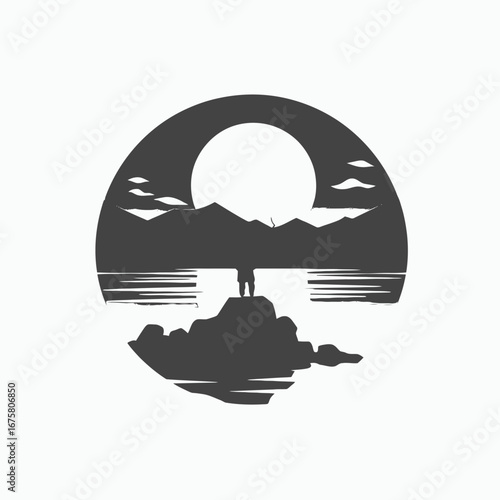 Serene island landscape with a solitary figure in bold minimalist silhouette