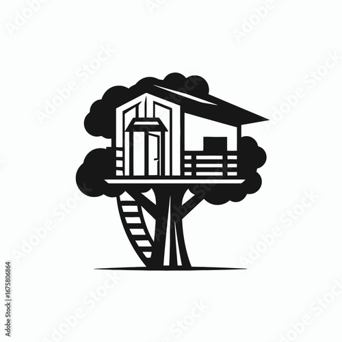 Playful backyard treehouse vector illustration in clean modern line art silhouette