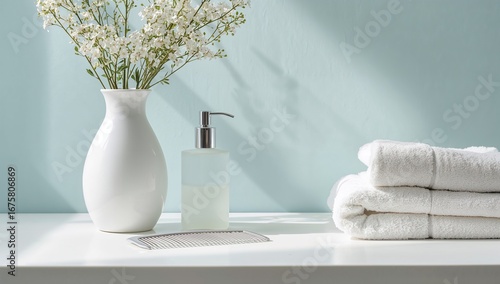 Bathroom decor spa towels soap dispenser vase flowers luxury