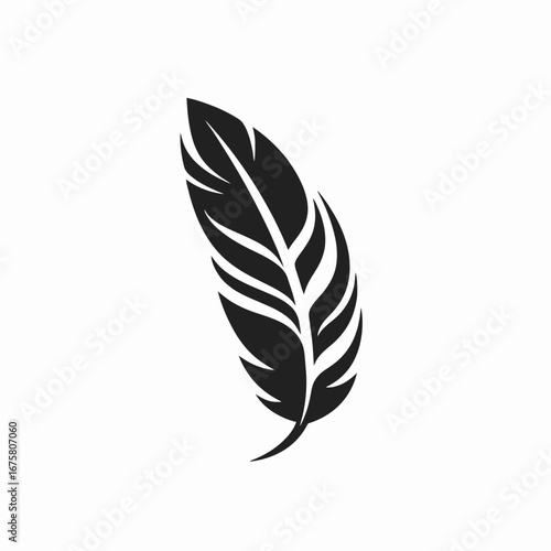 Minimalist single elegant black feather illustration on white backdrop artistic silhouette