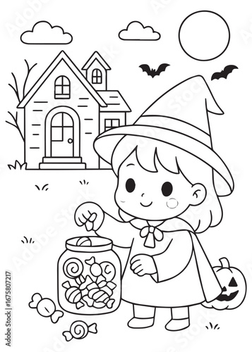 coloring book child in witch costume with candy bucket