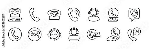 Contact icon set. Contact symbol - phone, call center, customer service, technical support, 24 hour office telephone, assistance, hotline, live chat, operator, help desk. Vector illustration