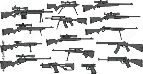 Assortment of Gray and Black Illustrations of Firearms with Scopes and Bipods rifle weapon