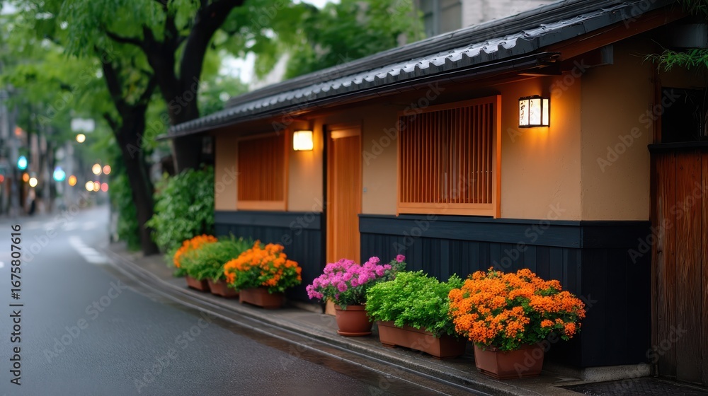 Fototapeta premium Tranquil Japanese House: An inviting, meticulously designed traditional Japanese house, exuding serenity and elegance, stands gracefully at the edge of a serene, rain-kissed street.