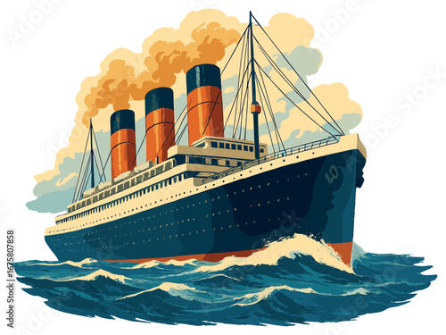 Ocean travel vintage linear poster. featuring steamship, smokestacks, waves, and clouds