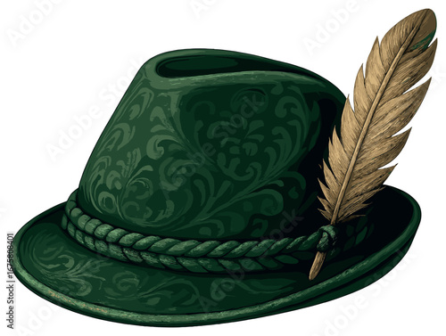 Traditional german hat 3d icon. featuring feather, rope, and embroidery design