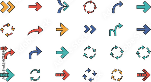 Collection of Twenty Four Colorful Flat Design Arrow Icons with Black Outlines direction pointer