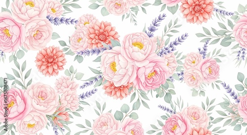 Wallpaper Mural Watercolor floral pattern design with pink roses dahlias and lavender seamless repeat Torontodigital.ca