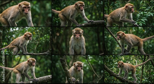 A collection of various monkey postures in a lush, green forest setting, showcasing the animals' agility and natural habitat.