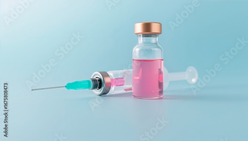 Medical vial medical syringe on light blue background with pink liquid