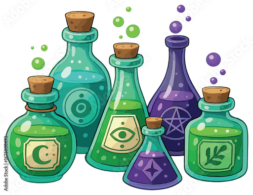Alchemy bottles 3d icon set. featuring potions, elixir, magic, poison, bottles, and mystical symbols