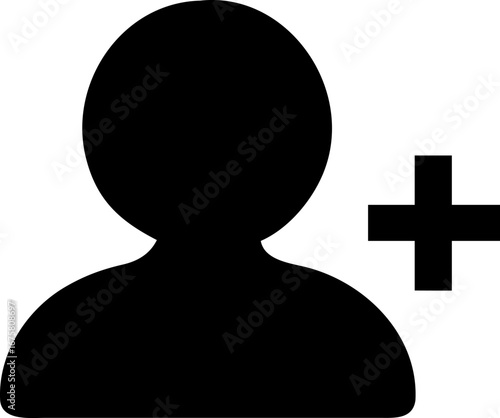 A minimalist black silhouette icon depicting a person's bust next to a plus symbol, symbolizing adding a new user or contact.