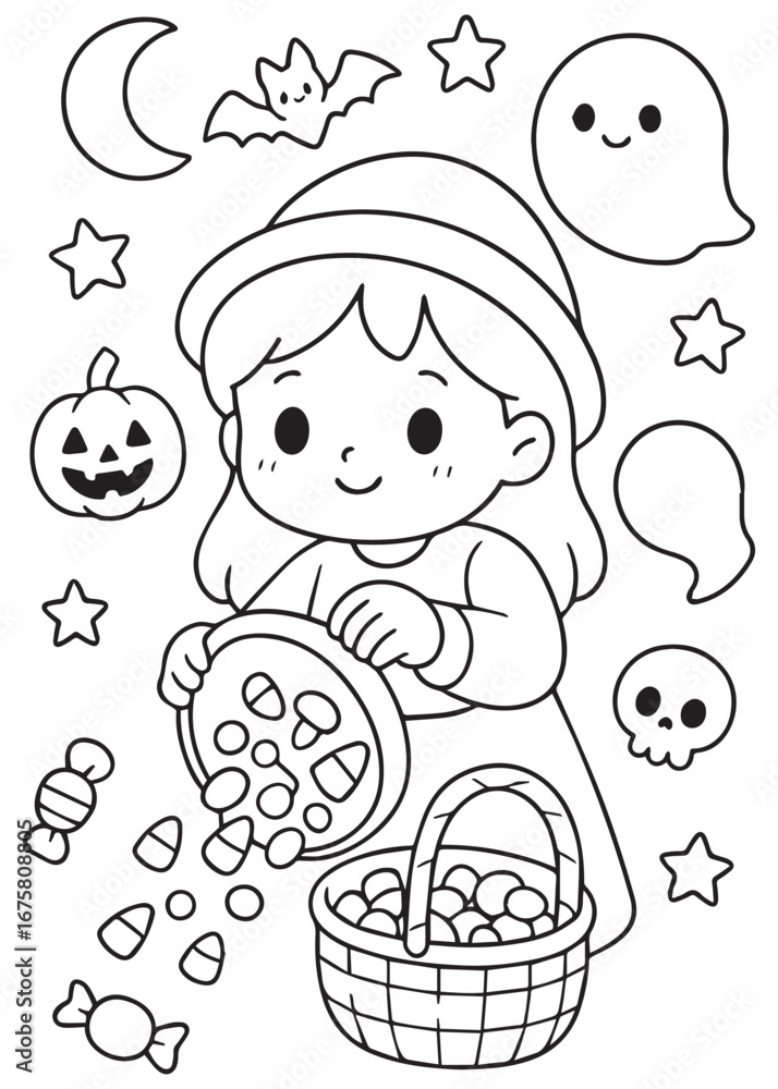 Fototapeta premium coloring book girl holding candy bucket wearing hat