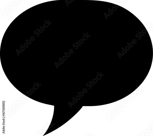 A simple, solid black speech bubble icon, a classic symbol for communication, dialogue, and conversation, isolated on a white background.