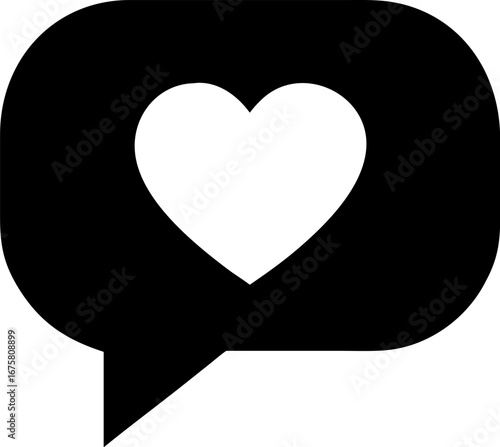 A simple black speech bubble icon containing a white heart, symbolizing a love message, like, or positive feedback.