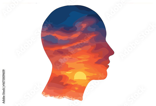 Sunset double exposure flat icon set. featuring silhouette, clouds, and sky symbols
