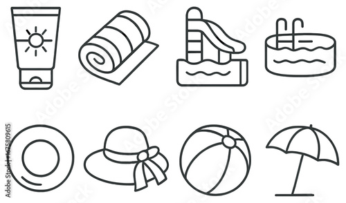 Summer essentials linear icon set. featuring sunscreen, towel, slide, pool, hat, ball, and umbrella symbols