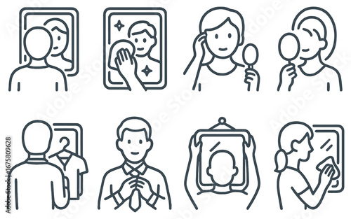 Self-care routine linear icon set. featuring mirror, skincare, grooming, and reflection symbols