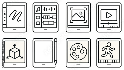 Creative tools linear icon set. featuring tablet, music, photo, video, 3d model, sketch, palette, fitness symbols