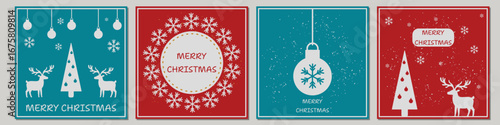 Set of square Christmas postcards with red and blue backgrounds, white elements including reindeer, trees, snowflakes, ornaments, and festive Merry Christmas text in Scandinavian style
