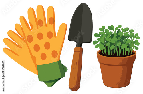 Gardening tools 3d icon set. featuring gloves, trowel, and potted plant