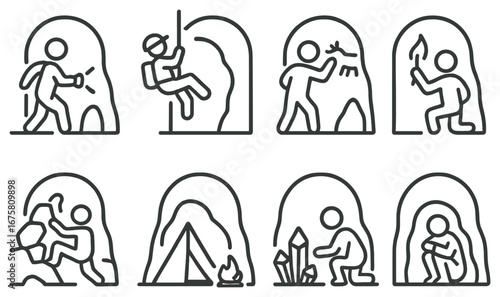 Cave exploration linear icon set. featuring hiking, climbing, rock art, spelunking, camping, and mining symbols
