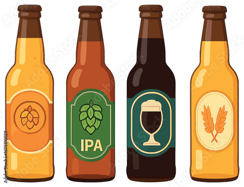Beverage flat icon set. featuring ale, lager, ipa, stout, and wheat beer symbols