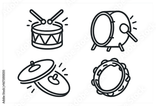 Musical instruments linear icon set. featuring drum, bass drum, cymbals, tambourine symbols