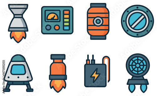 Space exploration flat icon set. featuring rocket, control panel, barrel, hatch, lander, bomb, radio, fan