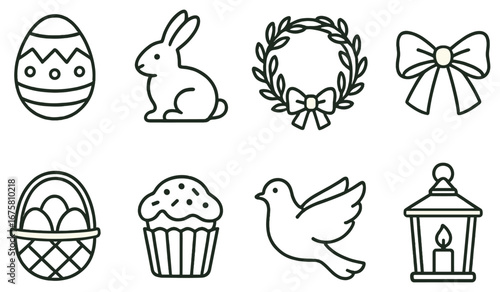 Easter celebration linear icon set. featuring egg, bunny, wreath, bow, basket, cupcake, dove, lantern