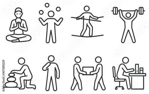 Lifestyle linear icon set. featuring meditation, juggling, balance, weightlifting, stacking stones, handshaking, office work