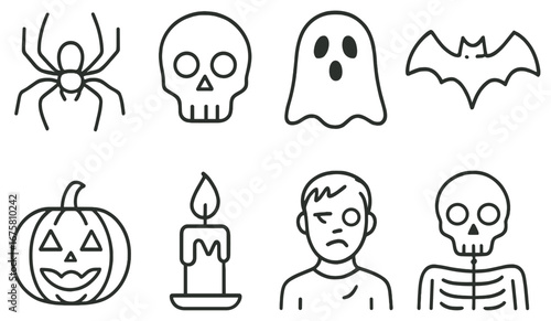 Halloween linear icon set. featuring spider, skull, ghost, bat, pumpkin, candle, zombie, skeleton