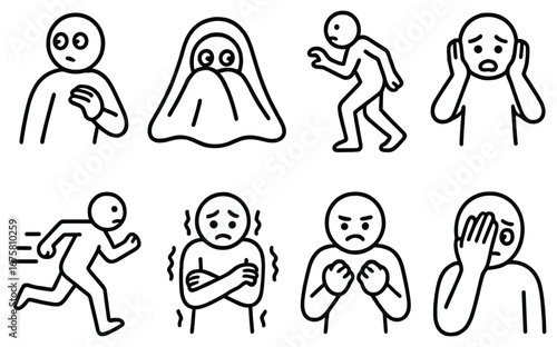 Emotions linear icon set. featuring scared, anxious, sneaky, overwhelmed, hurried, cold, angry, ashamed